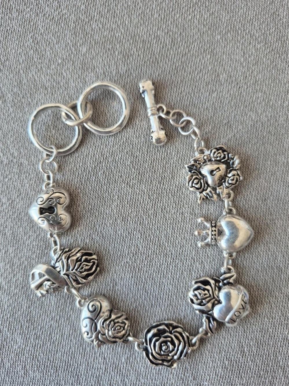 Silver-Tone Rose & Heart Charm Bracelet - Women Jewelry